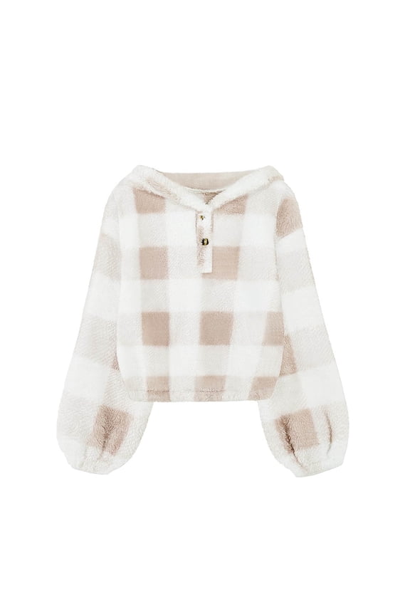 Girl's Fuzzy Hoodies Buffalo Plaid Top Solid Long Sleeves Fashion Loose Button Casual Outwear Pullover Winter Sweatshirts for Little Girls 5-6 Years