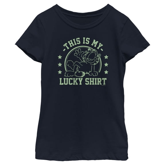 Girl's Garfield St. Patrick's Day This is my Lucky Shirt Graphic Tee Navy Blue Medium