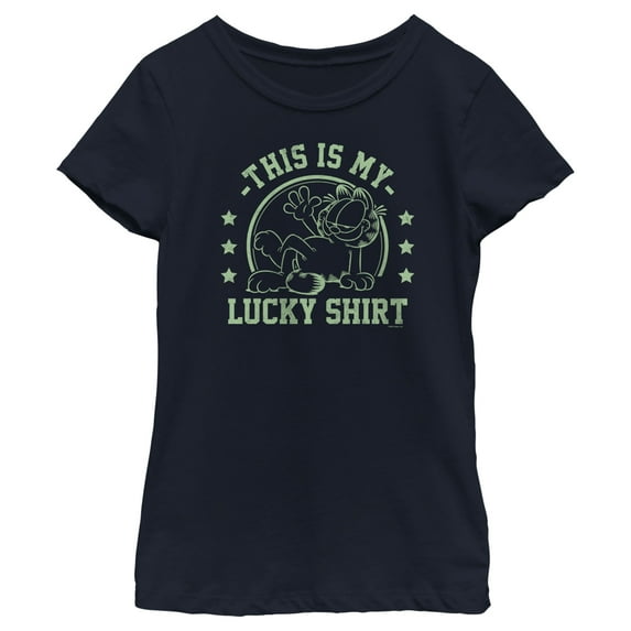Girl's Garfield St. Patrick's Day This is my Lucky Shirt Graphic Tee Navy Blue X Small