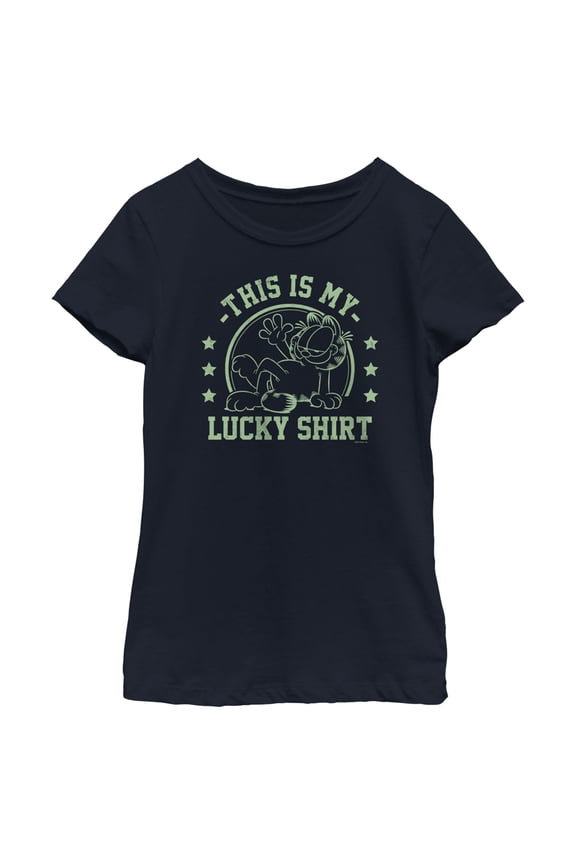 Girl's Garfield St. Patrick's Day This is my Lucky Shirt Graphic Tee Navy Blue X Small