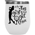 thumbnail image 1 of This Girl's Got Drive Quote with Balls & a Swinging Female or Woman Golf Player, Golfing or Golfer Themed Merch Gift, White 12oz Insulated Wine Tumbler, 1 of 5