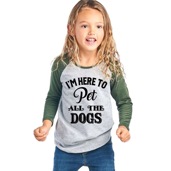 Girl's Graphic Baseball Tee "I'm Here to Pet All the Dogs"