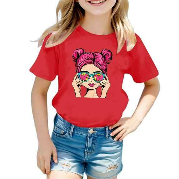 Girl's Graphic Print Tee Shirt Round Neck Short Sleeve T Shirts Summer Cute Trendy Tops,11-12 Years,Z1-Red