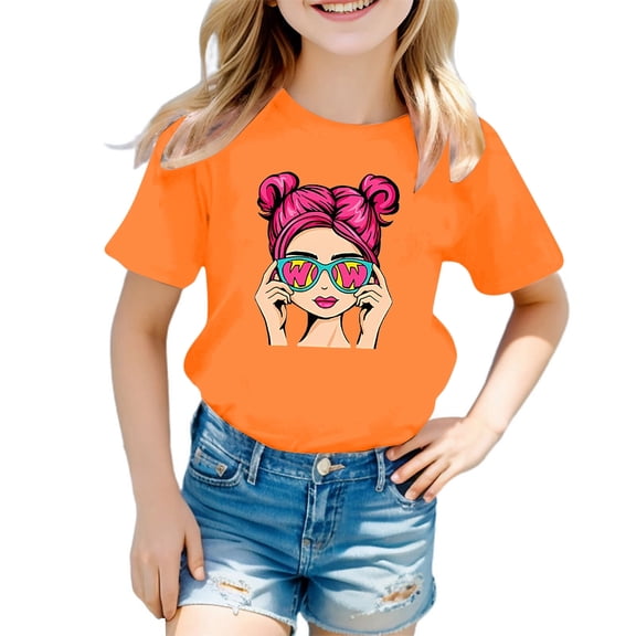 Girl's Graphic Print Tee Shirt Round Neck Short Sleeve T Shirts Summer Cute Trendy Tops,7-8 Years,Z1-Orange