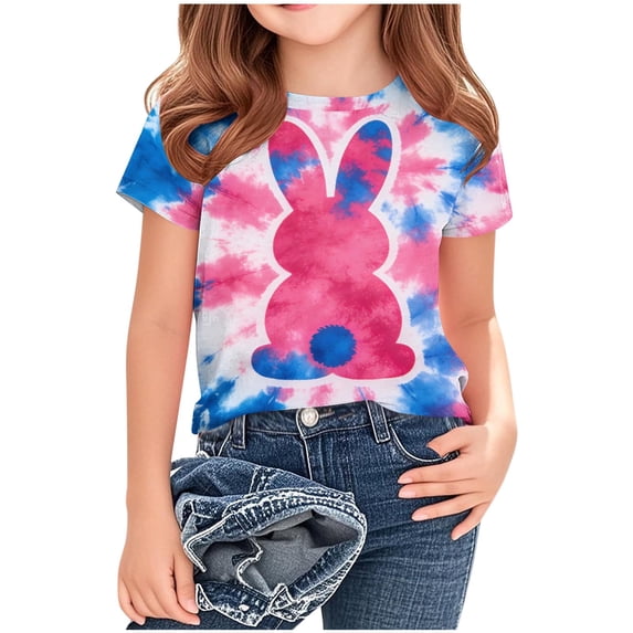 Girl's Graphic T-Shirt Tie Dye Bunny Silhouette Print Short Sleeve Crew Neck Top Kids Spring Festival Casual Playwear Outfits for Teen