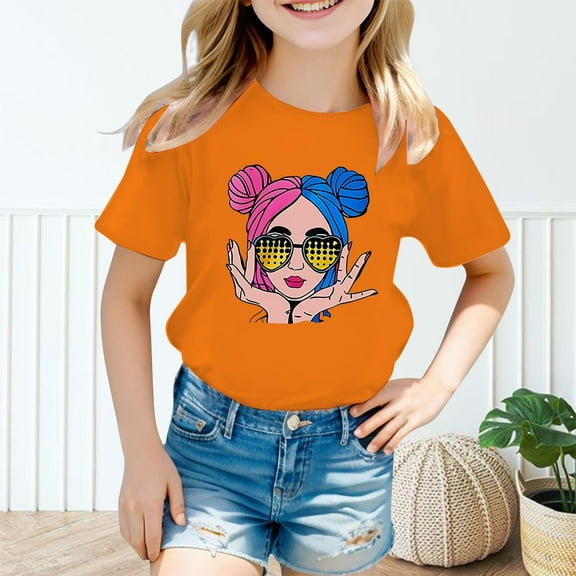 Girl's Graphic Tees Crew Neck Short Sleeve Cute Summer Tops Multicolor Print T Shirts Orange,5-6 Years
