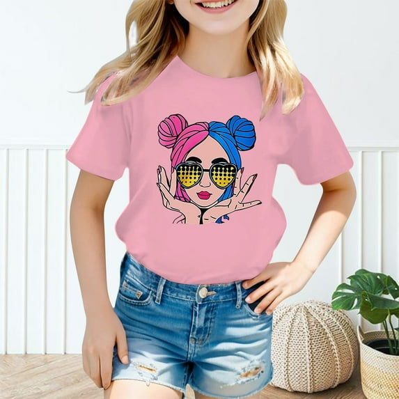Girl's Graphic Tees Crew Neck Short Sleeve Cute Summer Tops Multicolor Print T Shirts Pink,13-14 Years