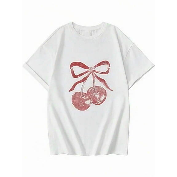 Girl's Graphic Tees Y2k Bow Cherry Print Aesthetic T Shirt Crewneck Short Sleeve Summer Tops Pure Cotton T-Shirt