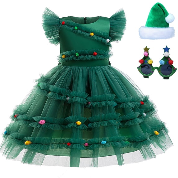 Girl's Green Christmas Tree Dress Costume Xmas Party Outfit