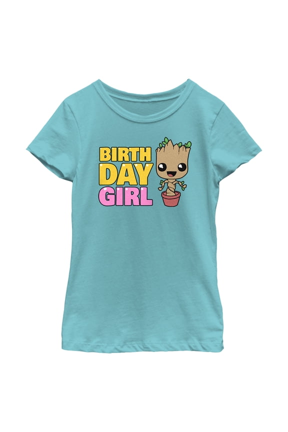 Girl's Guardians of the Galaxy Birthday Girl Pot Plant Groot Graphic Tee Tahiti Blue Small