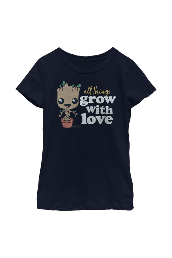 Girl's Guardians of the Galaxy Groot All Things Grow with Love Graphic Tee Navy Blue Medium