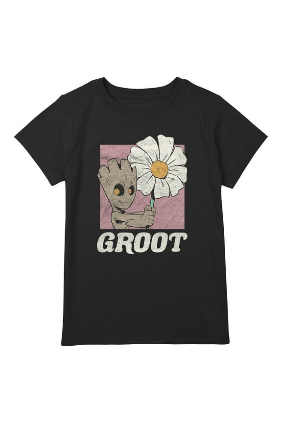 Girl's Guardians of the Galaxy Groot and Flower Portrait Graphic Tee Black Large Plus