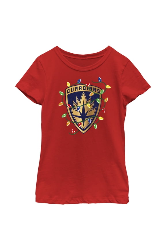 Girl's Guardians of the Galaxy Holiday Special Christmas Lights Badge Graphic Tee Red Small
