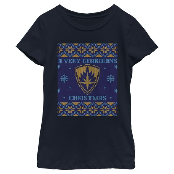 Girl's Guardians of the Galaxy Holiday Special Ugly Christmas Sweater Graphic Tee Navy Blue Medium