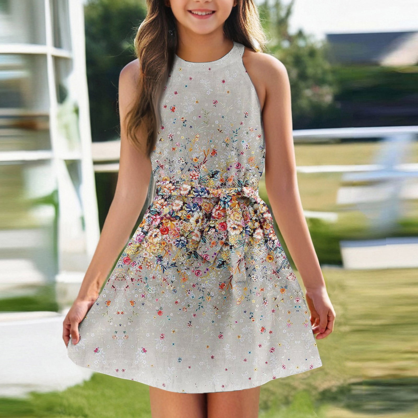 Girl's Halter Neck Summer Dress Sleeveless Floral Print Dresses Halter ...