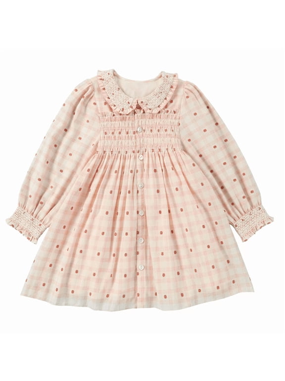 Girl's Hand-Embroidered Dress - Smocking and Lace Vintage Autumn Long Sleeve Clothing Kids Toddler Holiday Birthday Party