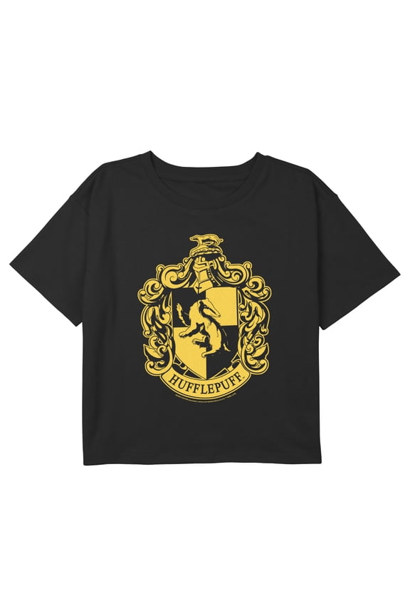 Girl's Harry Potter Classic Hufflepuff House Crest Graphic Cropped T-Shirt Black Large