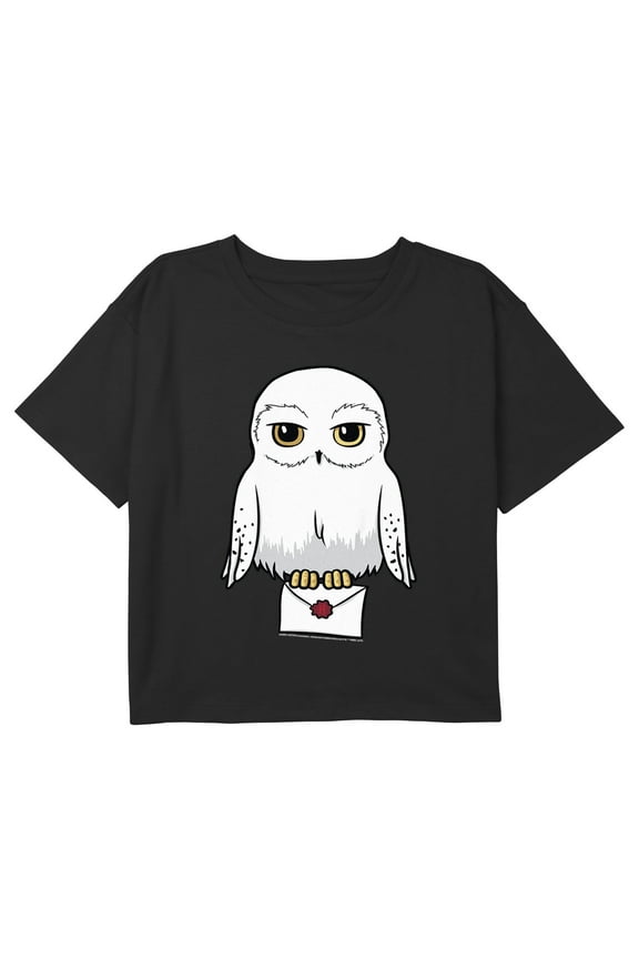 Girl's Harry Potter Cute Cartoon Hedwig Letter Graphic Cropped T-Shirt Black Medium