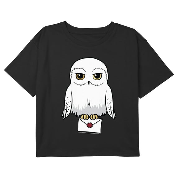 Girl's Harry Potter Cute Cartoon Hedwig Letter Graphic Cropped T-Shirt Black X Large