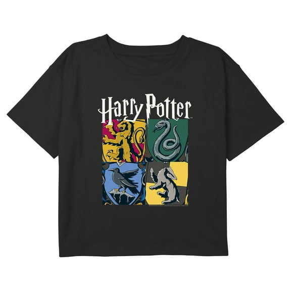 Girl's Harry Potter Four Hogwarts Houses Collage Graphic Cropped T-Shirt Black Small