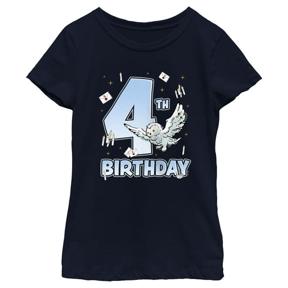 Girl's Harry Potter Hedwig 4th Birthday  Graphic Tee Navy Blue Large