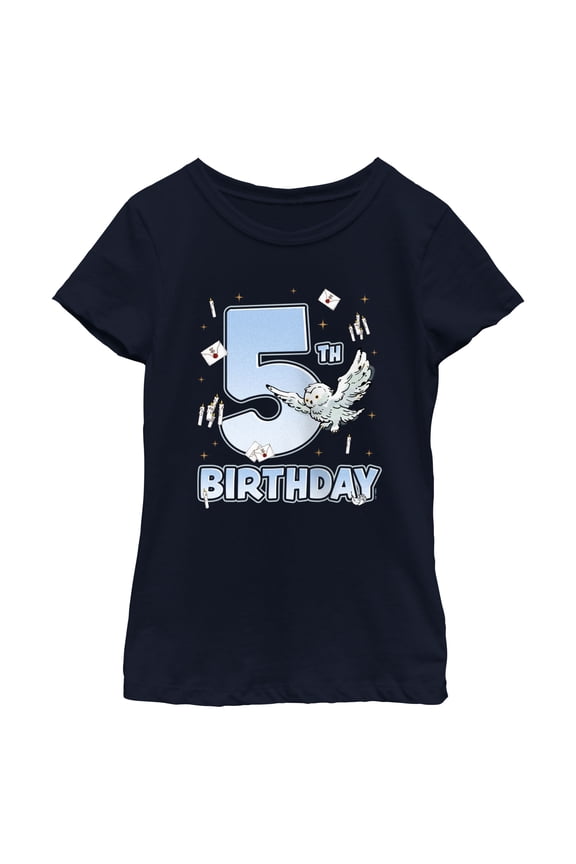 Girl's Harry Potter Hedwig 5th Birthday Graphic Tee Navy Blue Medium