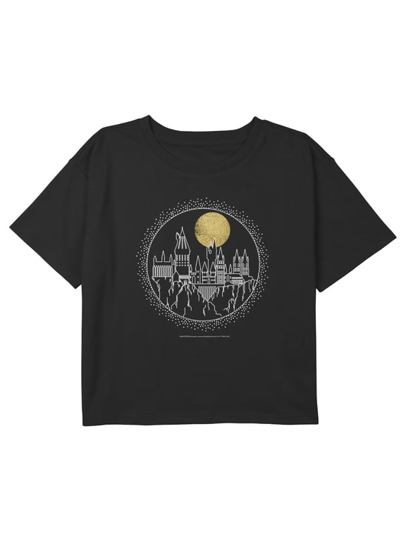 Girl's Harry Potter Hogwarts Circle Moonrise Graphic Cropped T-Shirt Black X Large