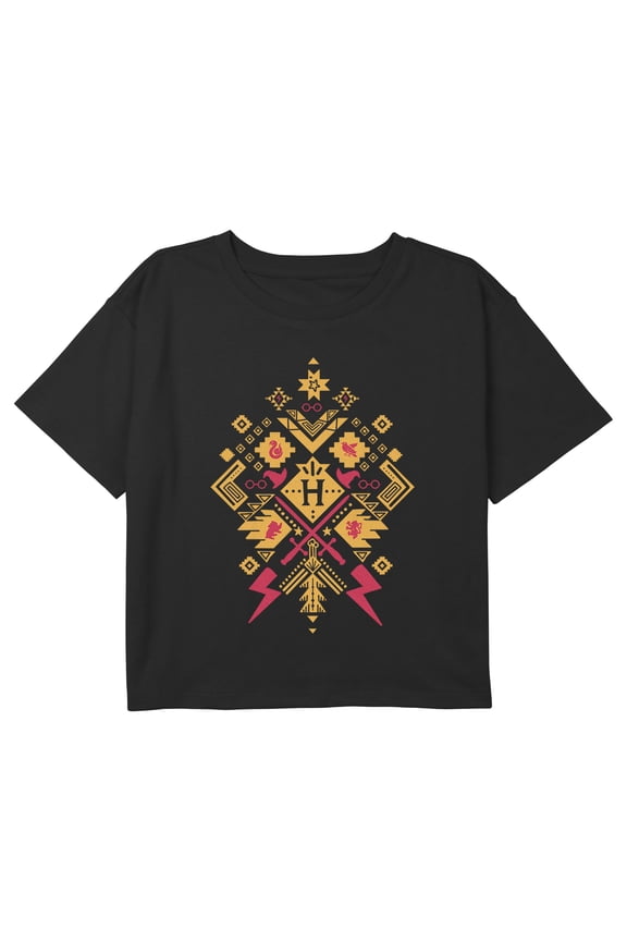 Girl's Harry Potter Hogwarts Houses Icon Pattern Graphic Cropped T-Shirt Black X Large