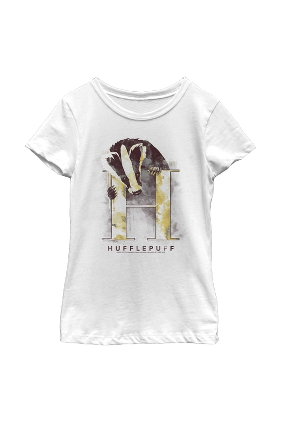 Girl's Harry Potter Hufflepuff Badger Watercolor  Graphic Tee White Small