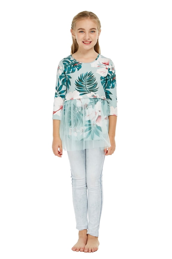 Girl's Hawaiian Luau 3/4 Sleeve Stretchy Tutu Top in Mint Forest