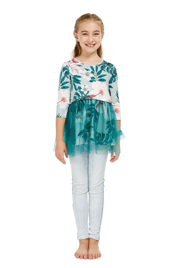 Girl's Hawaiian Luau 3/4 Sleeve Stretchy Tutu Top in Mint Forest