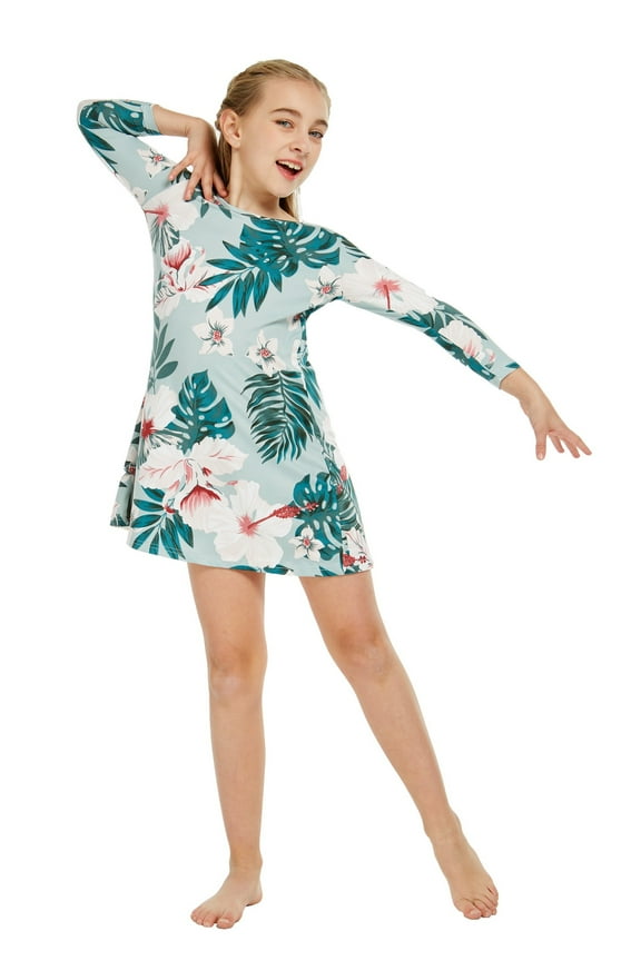Girl's Hawaiian Luau Long Sleeve Stretchy Flare Dress