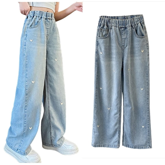 Girl's Heart Embroidered Jeans Elastic Wide Leg Denim Pants | Cute Strawberry Graphic with Pockets, High Waist, Y2k Cute Pants for Teens