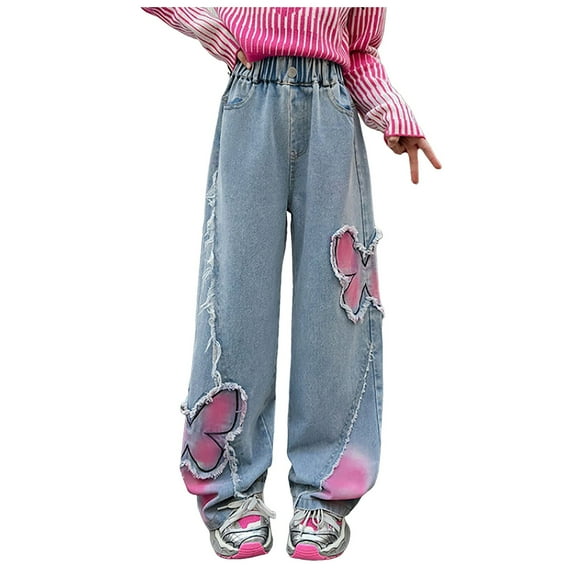 Girl's Heart Print Back Zipper Fly Elastic High Waist Denim Pants Basic Wide Leg Jeans Girls Jeans