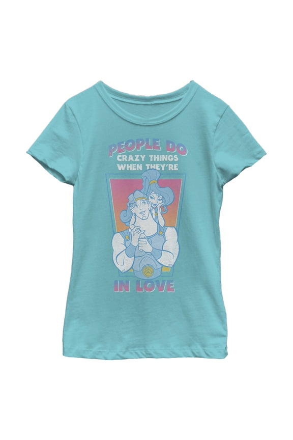 Girl's Hercules Valentine's Day People Do Crazy Things Graphic Tee Tahiti Blue Medium