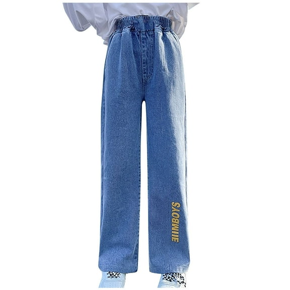Girl's High Waisted Jeans Letter Printed Straight Leg Jeans Casual Loose Denim Pants Elastic Waist Wide Leg Pants Kids Jeans with Pockets Girl's Sweatpants Blue 130