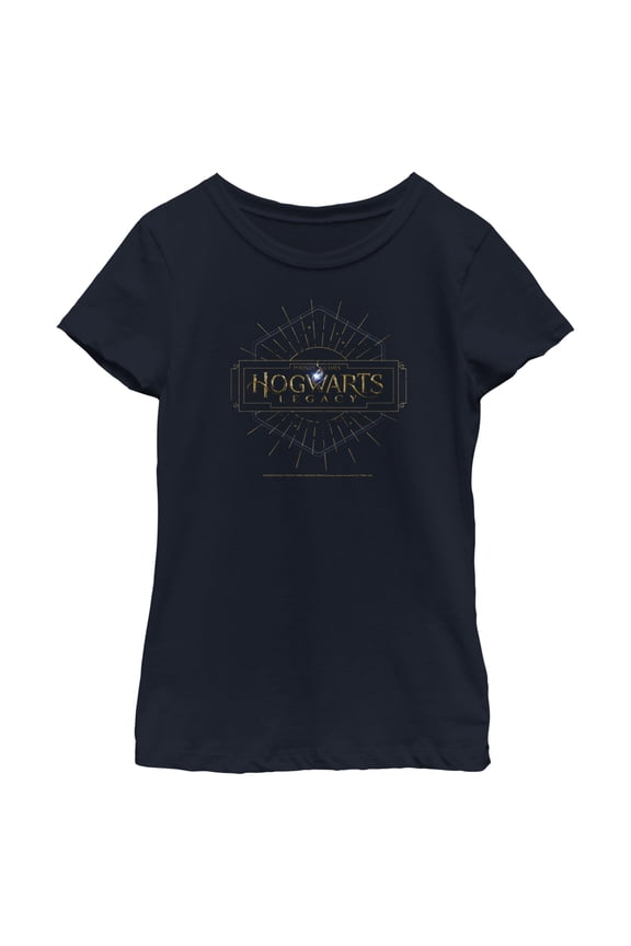 Girl's Hogwarts Legacy Art Deco Logo Graphic Tee Navy Blue Small