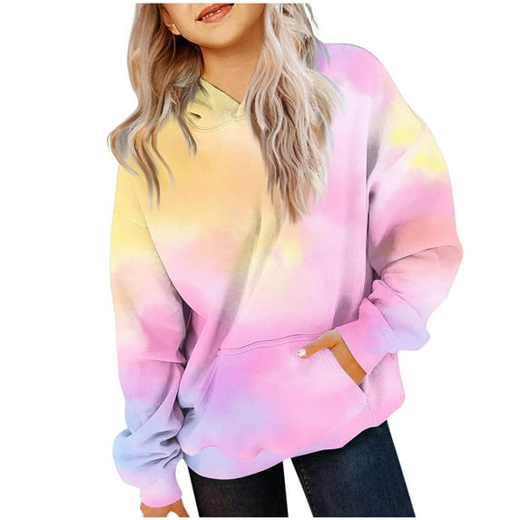 Girl's Hoodies Tie Dye Casual Kids Hooded Sweatshirt Long Sleeve Top Preppy Clothes Oversized Cotton Fall Winter Outfits Loose Pullover with Pockets Colorful Hoodie for Girls