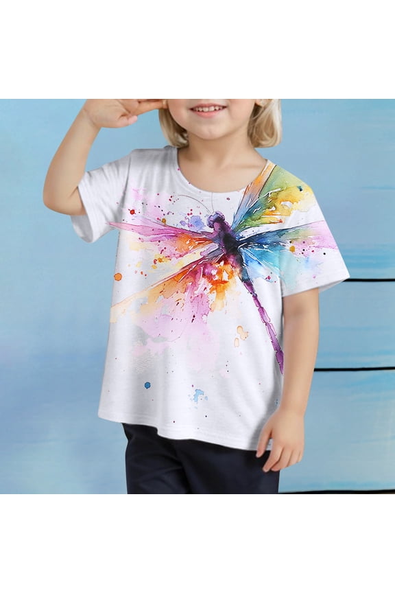 Girl's Ink Print T Shirts Short Sleeve Crew Neck White Summer Breathable Loose Trendy Girl's Shirts Size 2-3 Y