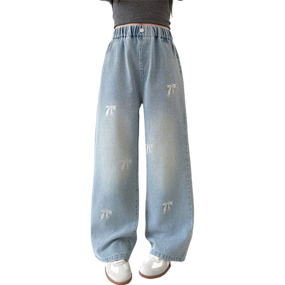 Girl's Jeans Bowknot Denim Pants with Pockets Girls Denim Pants Size 10-12 Elastic Waist Wide Leg Casual Pants Girls Clothes Size 5-6 Years 7_Blue