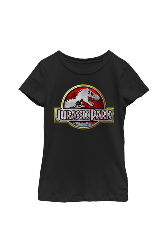 Girl's Jurassic Park Chrome Logo Graphic Tee Black Small