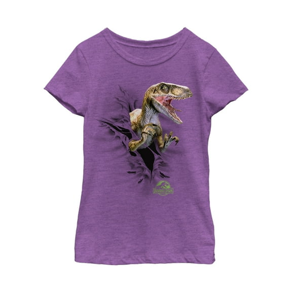 Girl's Jurassic Park Danger Velociraptor Tearing Through  Graphic Tee Purple Berry X Small