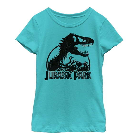 Girl's Jurassic Park Dino Skeleton Silhouette Logo Graphic Tee Tahiti Blue Small