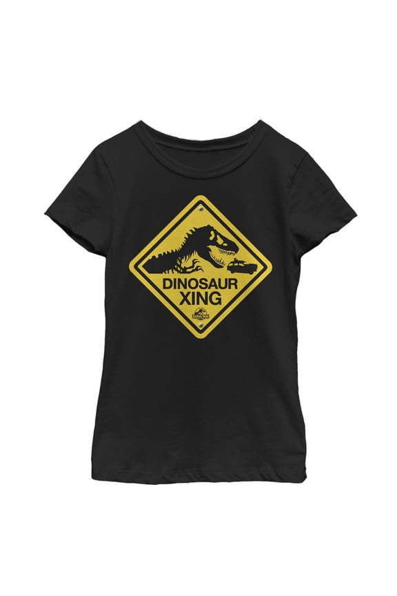 Girl's Jurassic Park Dinosaur Crossing Sign Graphic Tee Black Medium