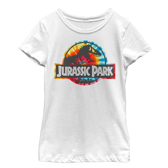 Girl's Jurassic Park Groovy Tie-Dye Logo Graphic Tee White Large
