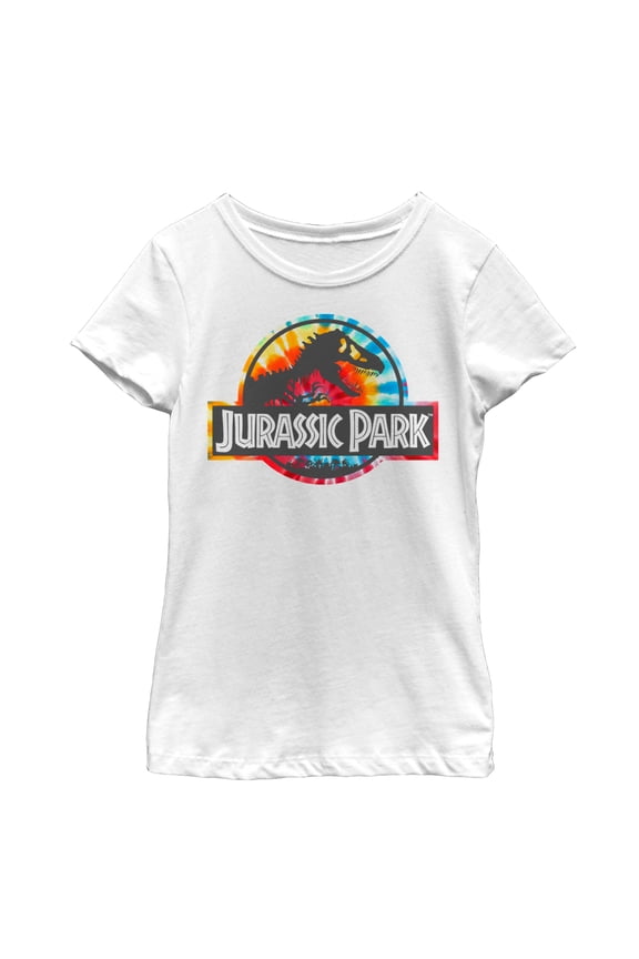 Girl's Jurassic Park Groovy Tie-Dye Logo Graphic Tee White Small