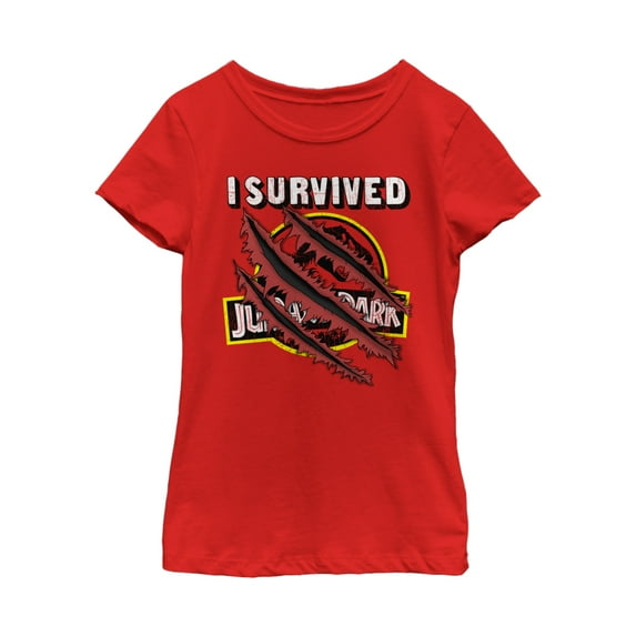 Girl's Jurassic Park I Survived The Island, Raptor Claw Tear Graphic Tee Red Large