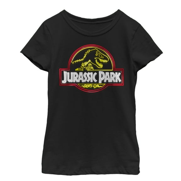 Girl's Jurassic Park Neon T Rex Logo  Graphic Tee Black Small