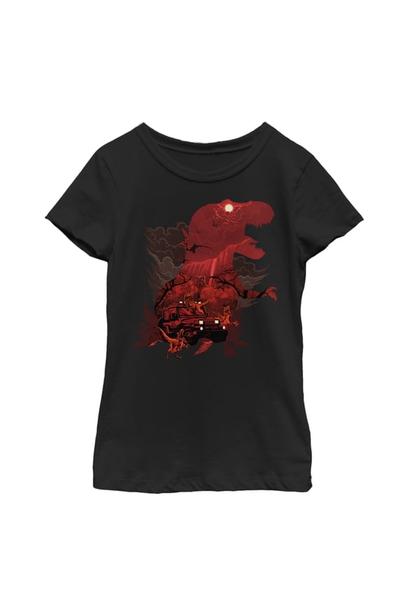 Girl's Jurassic Park T.Rex, Velociraptor Invite You To Visit Beautiful Landscape Graphic Tee Black Medium