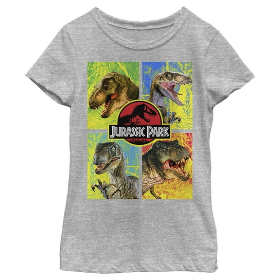 Girl's Jurassic Park T. Rex and Velociraptor  Graphic Tee Athletic Heather X Small